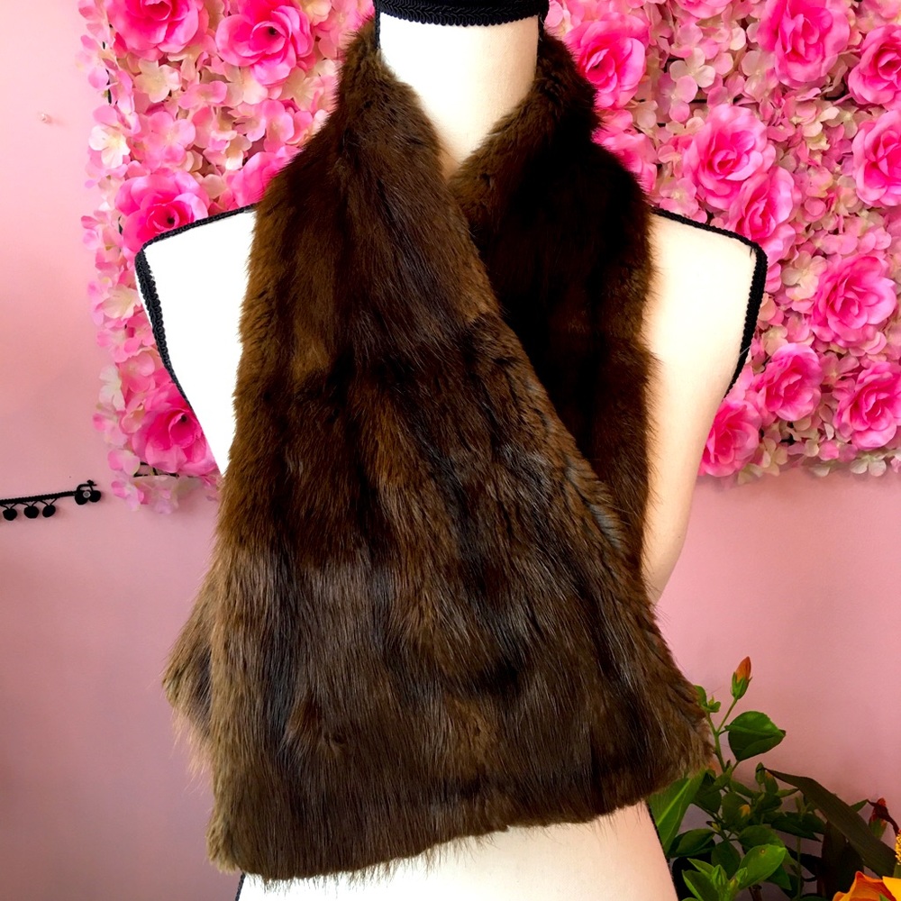 Fur stole genuine vintage glam bling evening prom Hollywood scarf brown stripe